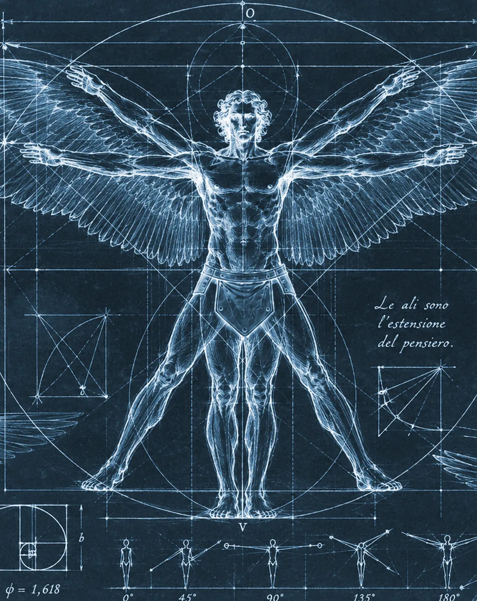 Vitruvian figure with wings, blueprint study